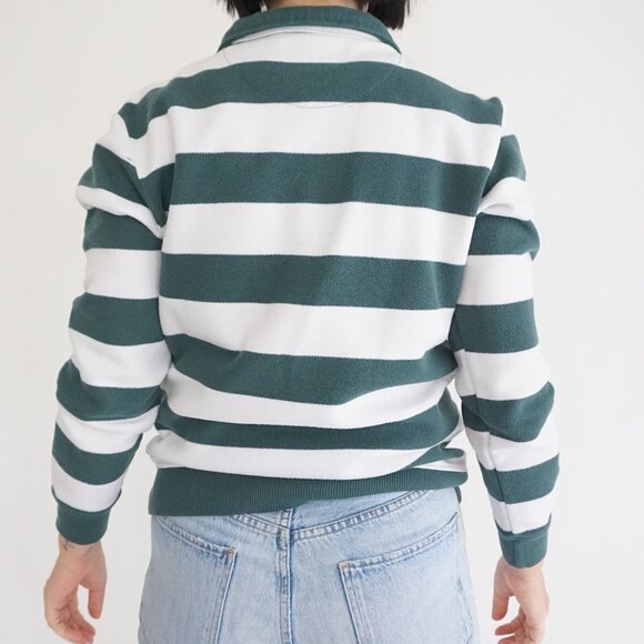 French Clique Polo Club Green White Rugby Stripe Quarter Zip Preppy Pullover M - Picture 2 of 9